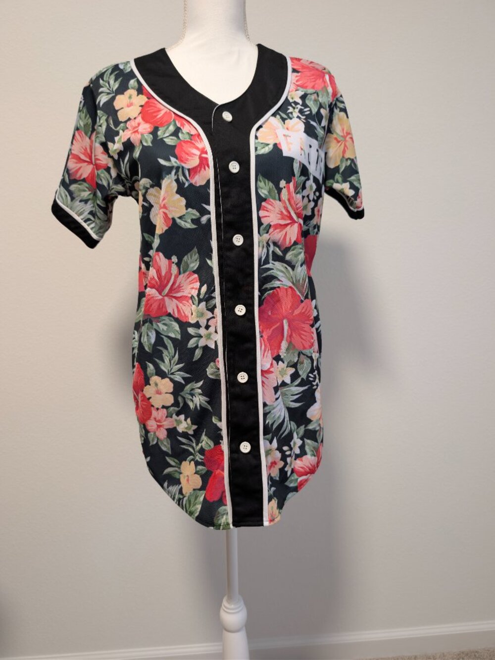 Women's Casual Tropical Floral Button Down Baseball Jersey Streetwear Size XL
